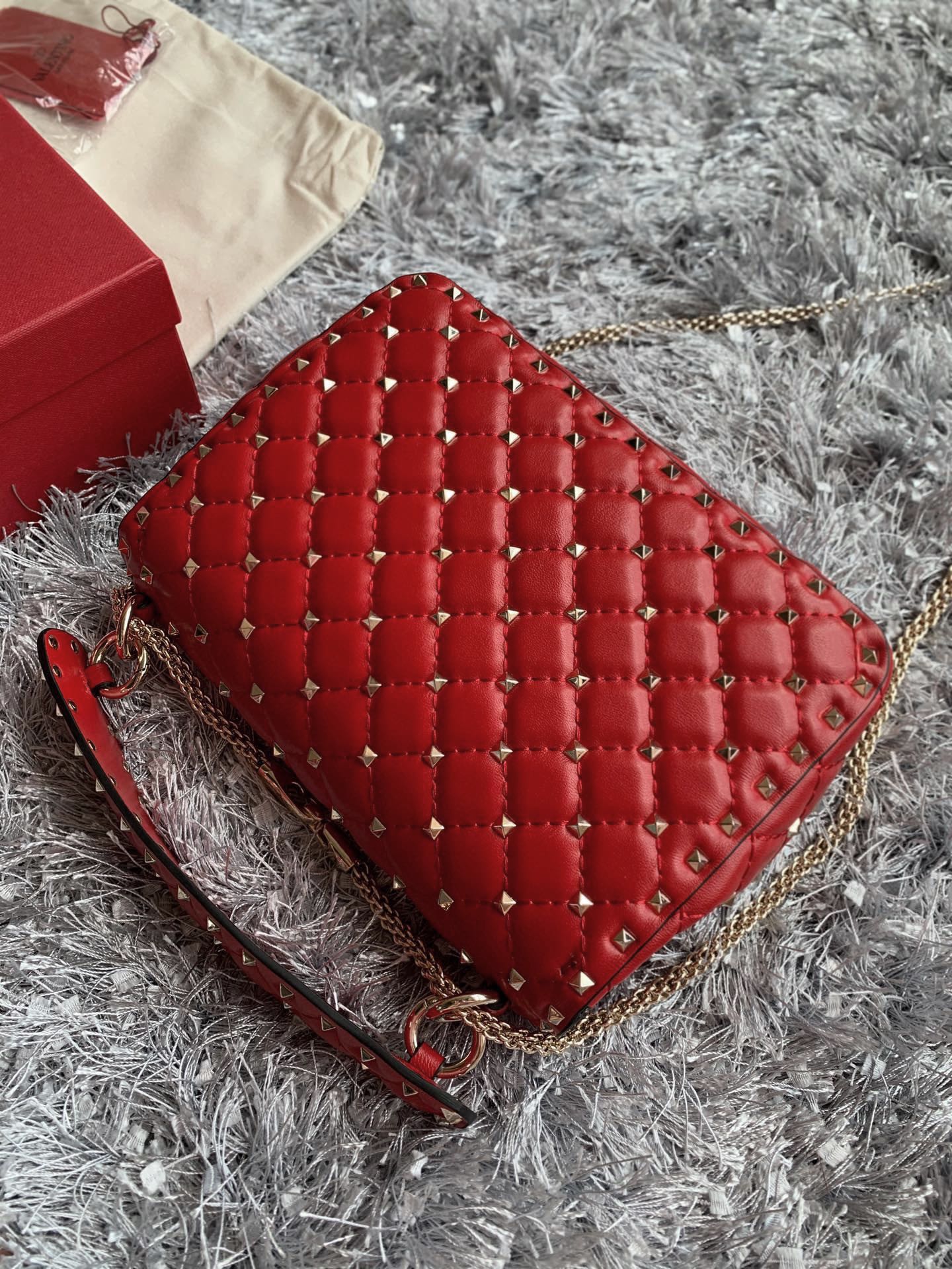 Valentino Garavani Rockstud Spike Medium Chain Bag in Red Supple Lambskin Nappa